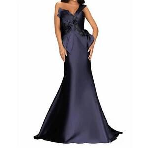 NEW TERANI COUTURE one shoulder gown in navy